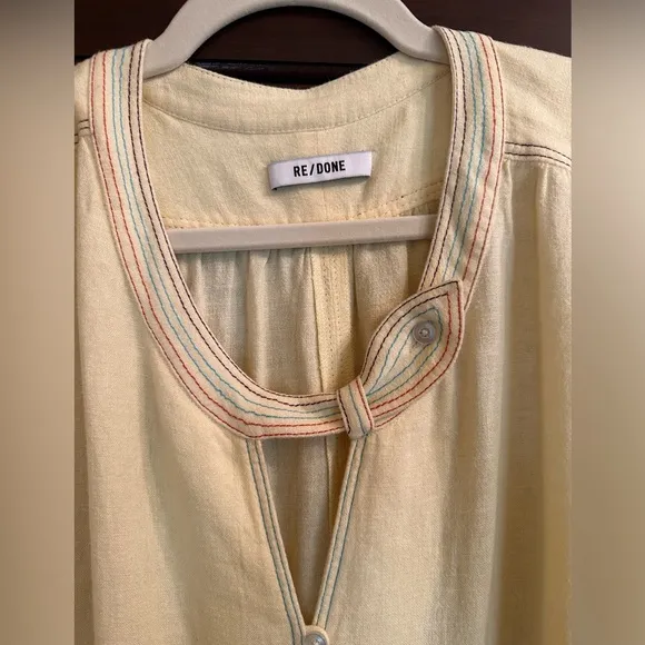 NWOT Redone RE/DONE light yellow soft linen dress w/contrast stitching &amp; pockets