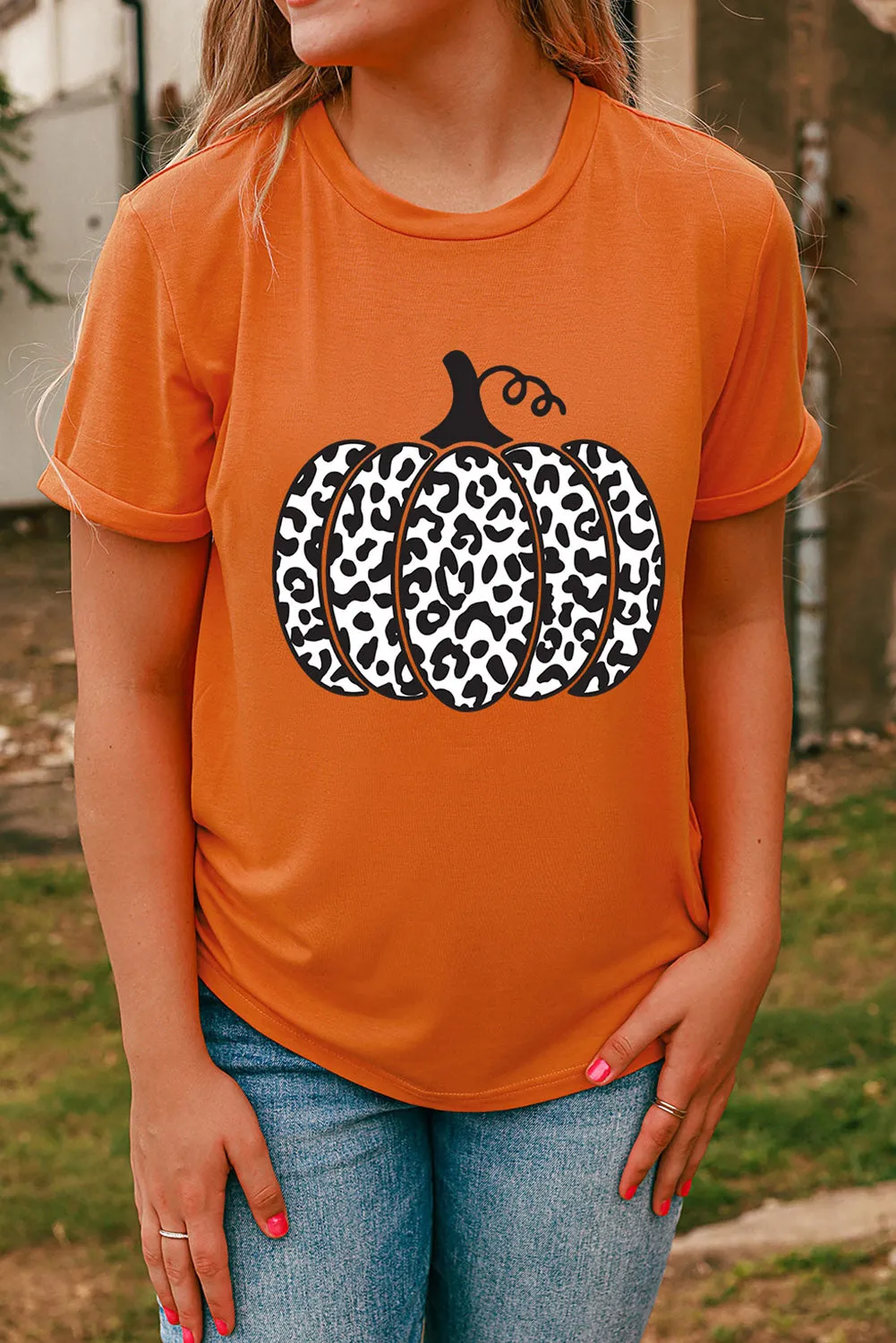 Orange Leopard Pumpkin Graphic Daily Fashion Tee