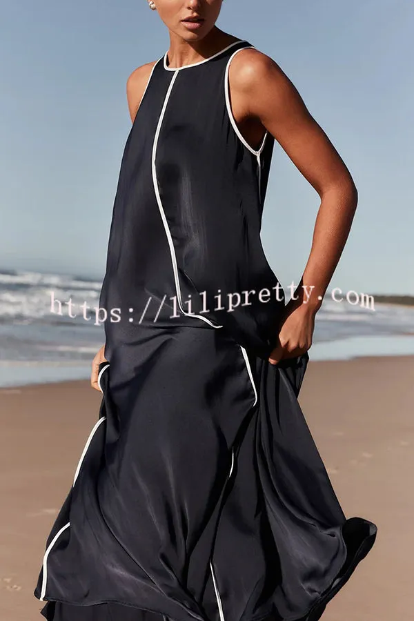 Palos Satin Navy with White Contrast Piping Pocketed A-line Maxi Dress