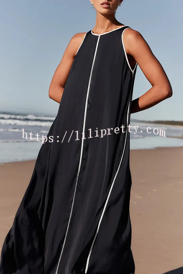Palos Satin Navy with White Contrast Piping Pocketed A-line Maxi Dress