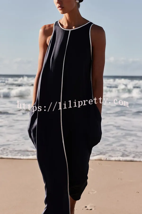 Palos Satin Navy with White Contrast Piping Pocketed A-line Maxi Dress