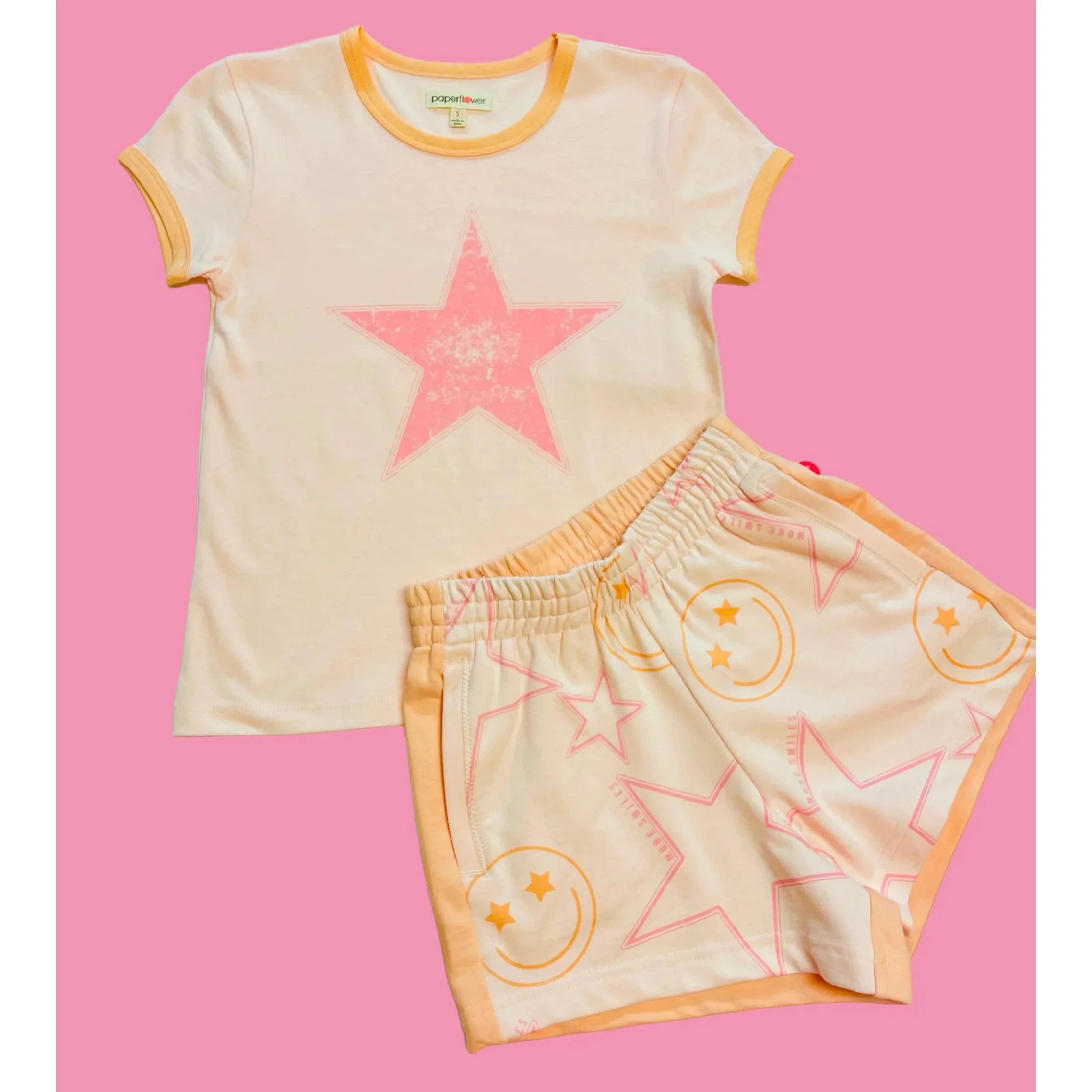 Paper Flower Distressed Star Ringer Graphic Tee - Heavenly Pink