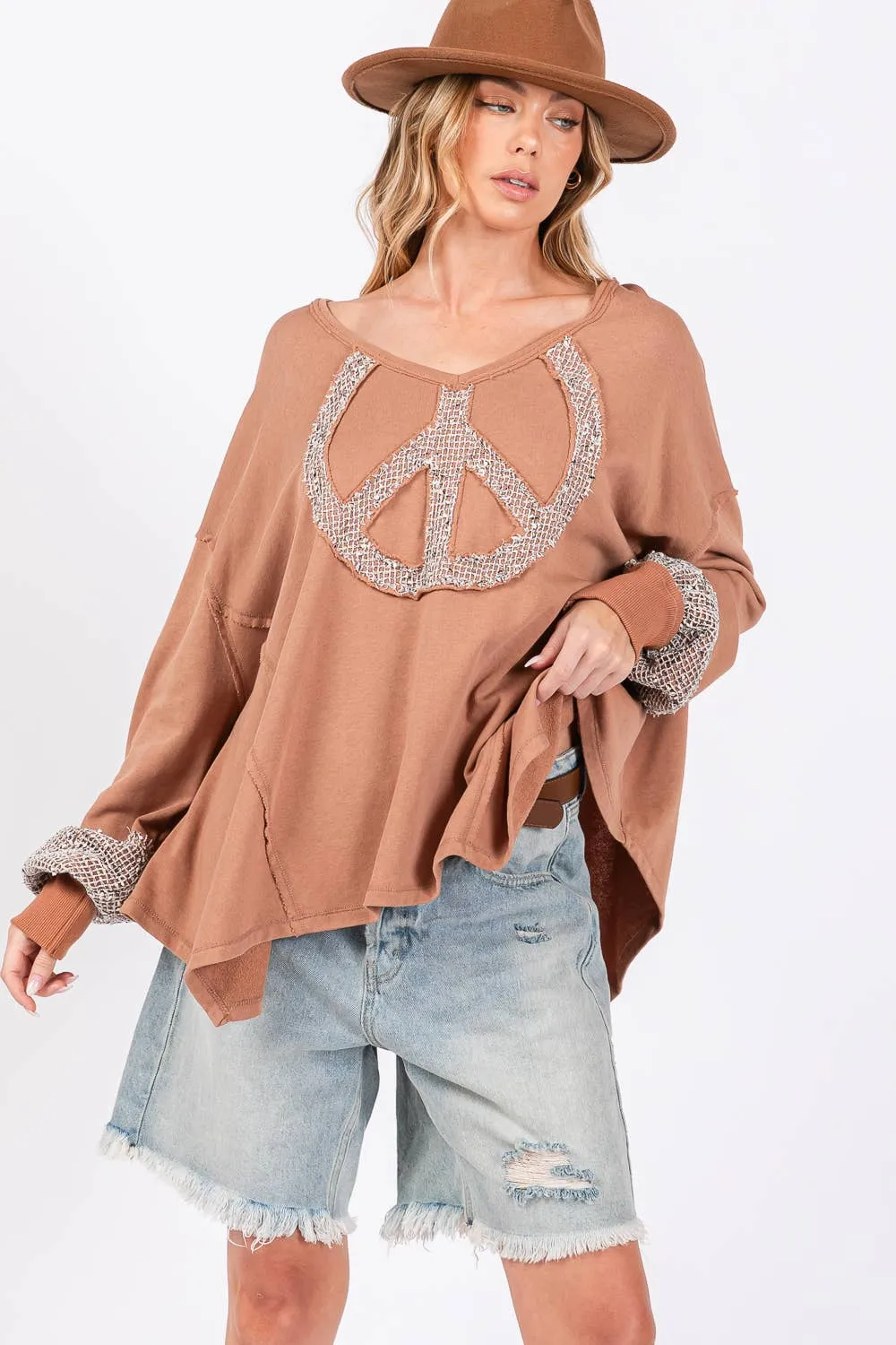 Peace Sign Mineral Wash Terry Sage   Fig Shirt: Camel