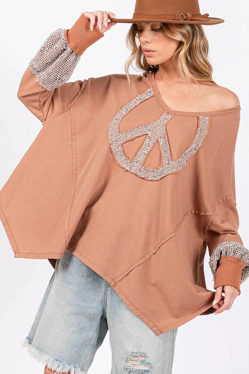 Peace Sign Mineral Wash Terry Sage   Fig Shirt: Camel