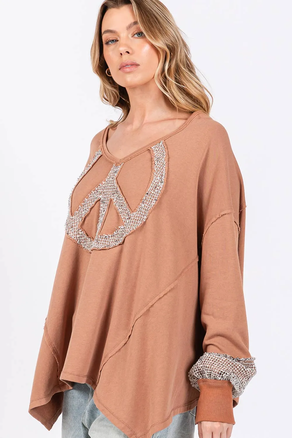 Peace Sign Mineral Wash Terry Sage   Fig Shirt: Camel