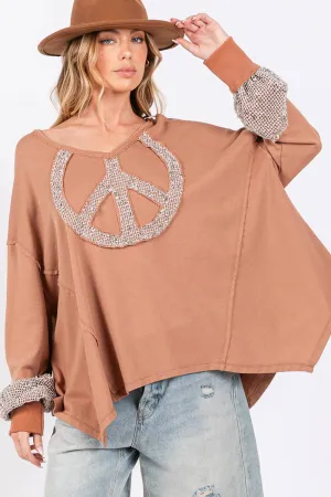 Peace Sign Mineral Wash Terry Sage   Fig Shirt: Camel
