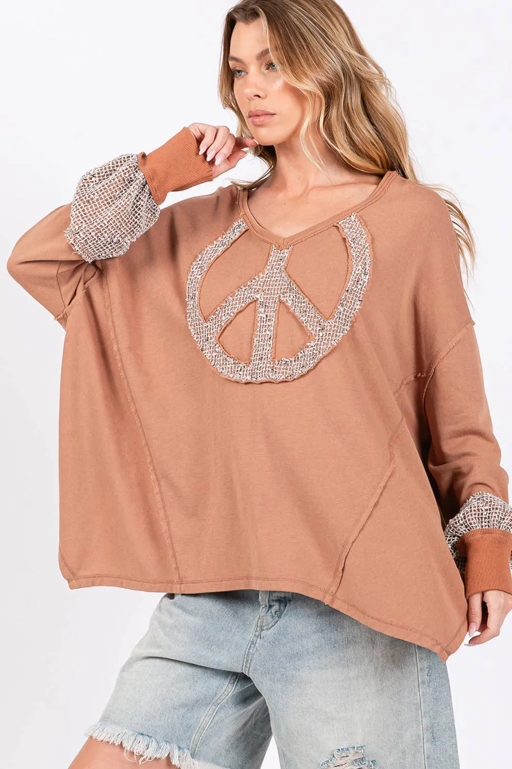 Peace Sign Mineral Wash Terry Sage   Fig Shirt: Camel