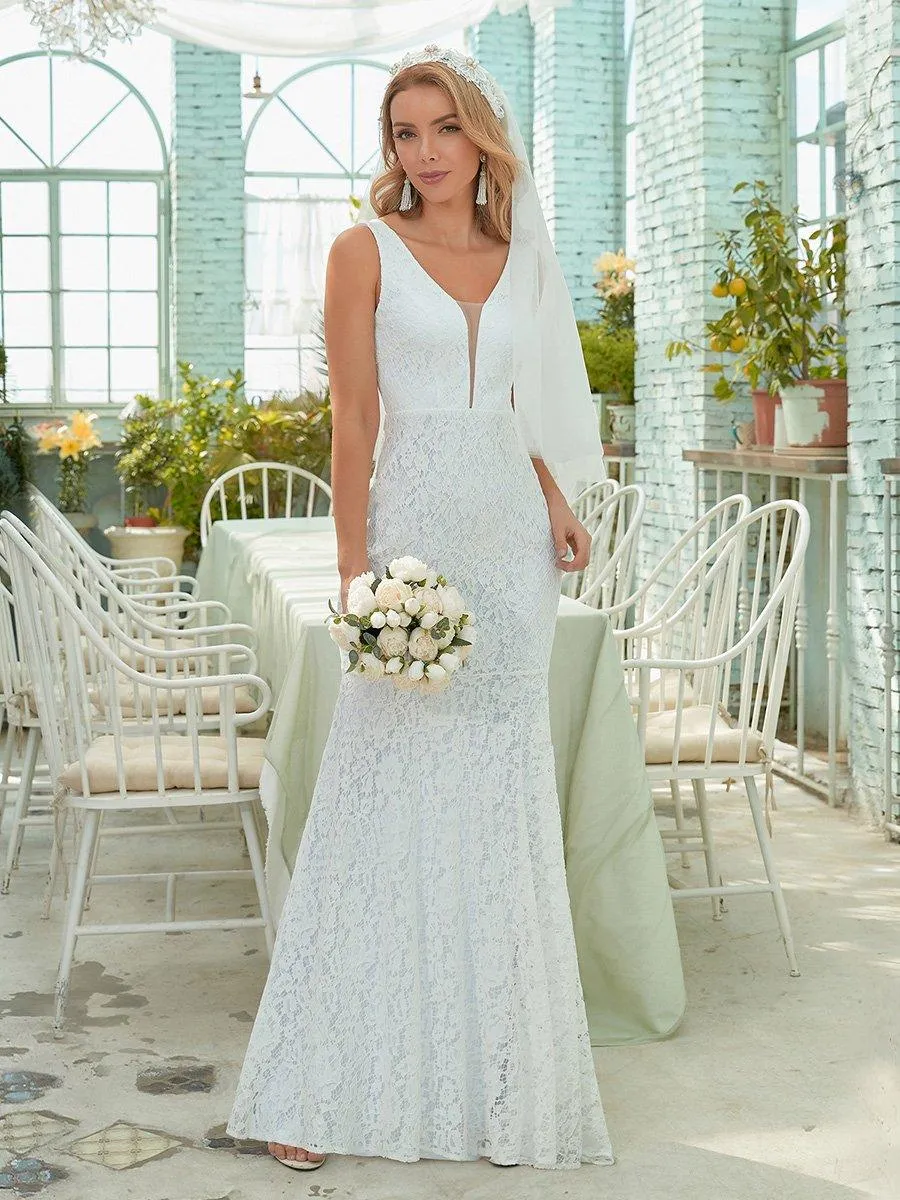 Petite robe de mariée en dentelle à queue de poisson sans manches avec un décolleté en V profond(Vente finale)