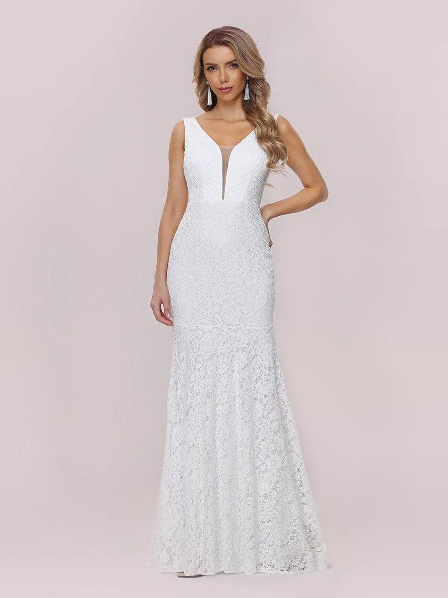 Petite robe de mariée en dentelle à queue de poisson sans manches avec un décolleté en V profond(Vente finale)
