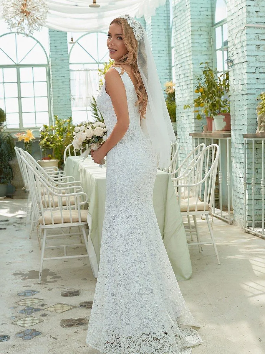 Petite robe de mariée en dentelle à queue de poisson sans manches avec un décolleté en V profond(Vente finale)
