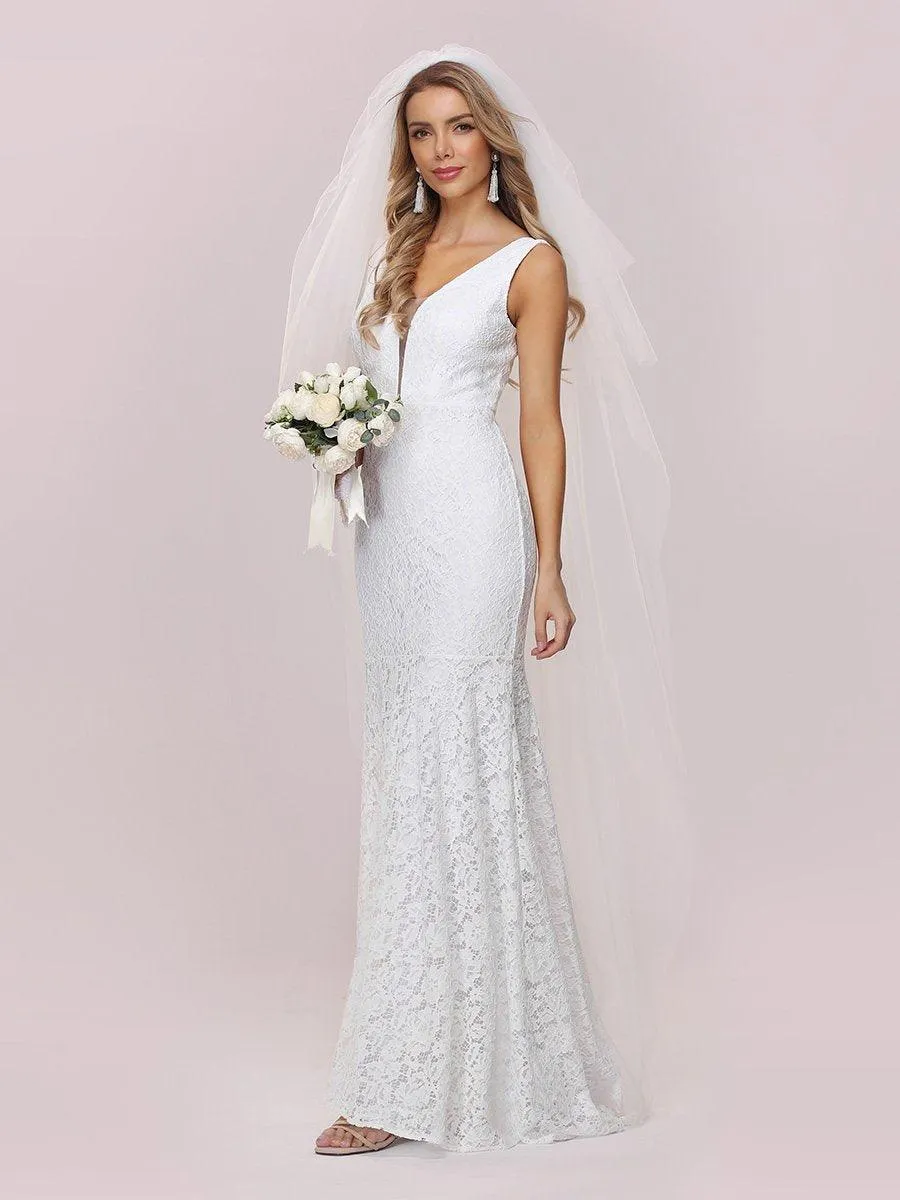 Petite robe de mariée en dentelle à queue de poisson sans manches avec un décolleté en V profond(Vente finale)