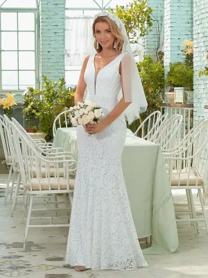 Petite robe de mariée en dentelle à queue de poisson sans manches avec un décolleté en V profond(Vente finale)