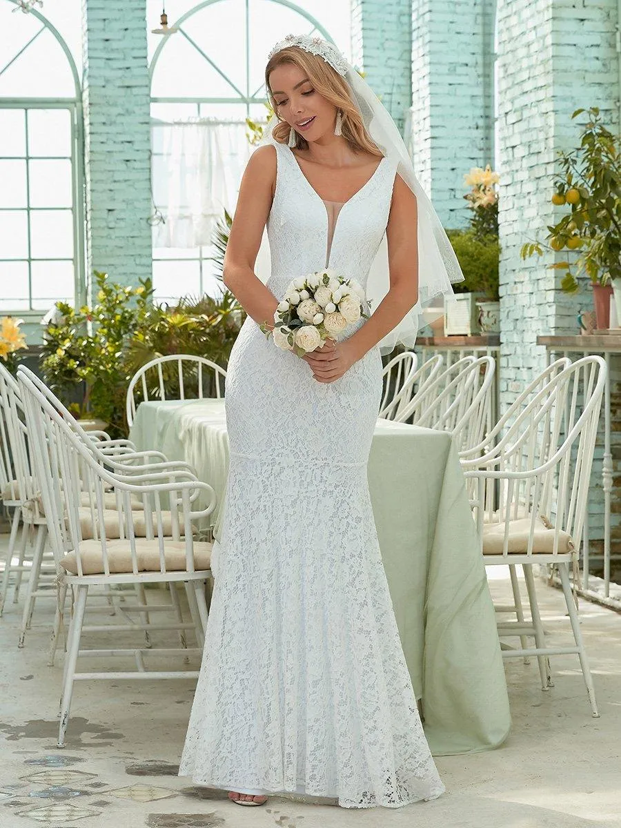 Petite robe de mariée en dentelle à queue de poisson sans manches avec un décolleté en V profond(Vente finale)