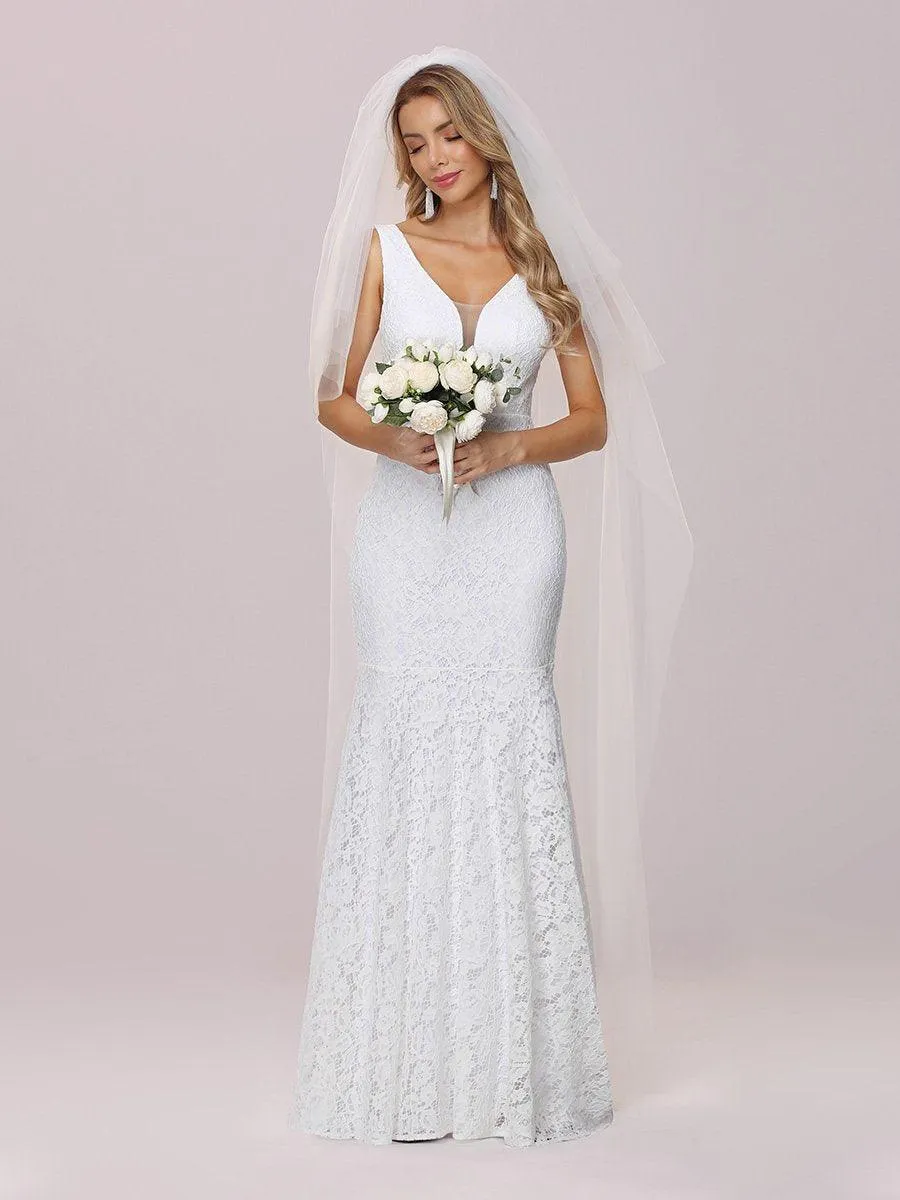 Petite robe de mariée en dentelle à queue de poisson sans manches avec un décolleté en V profond(Vente finale)