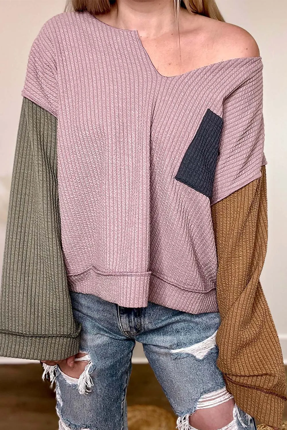 Pink Colorblock Textured Loose Long Sleeve Top