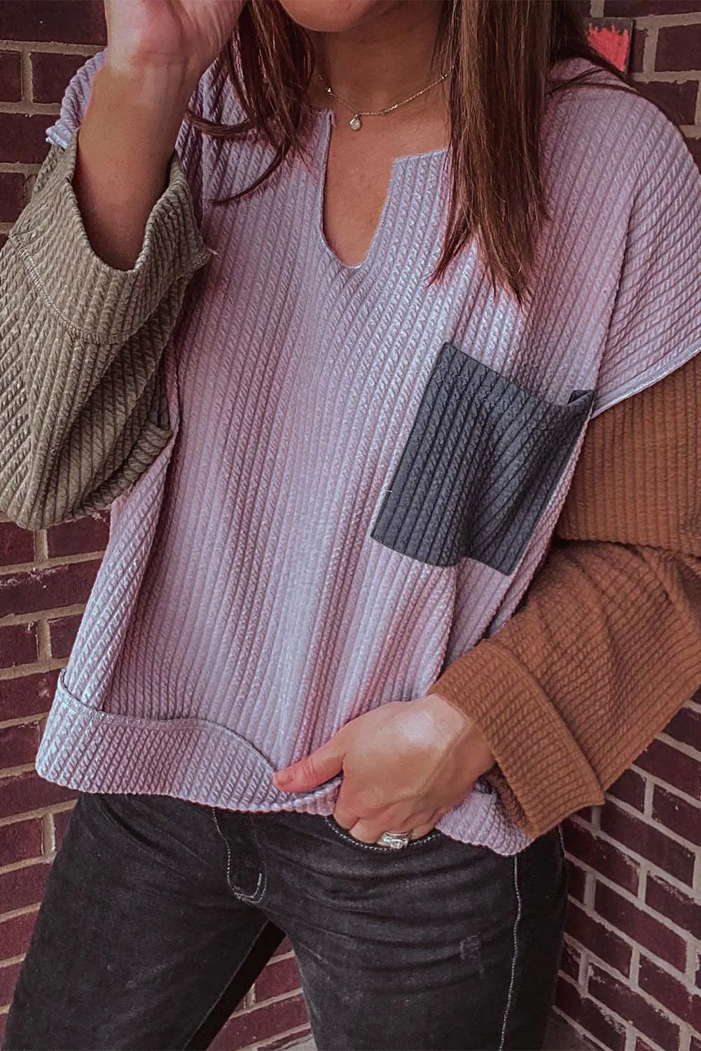 Pink Colorblock Textured Loose Long Sleeve Top