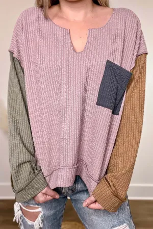 Pink Colorblock Textured Loose Long Sleeve Top