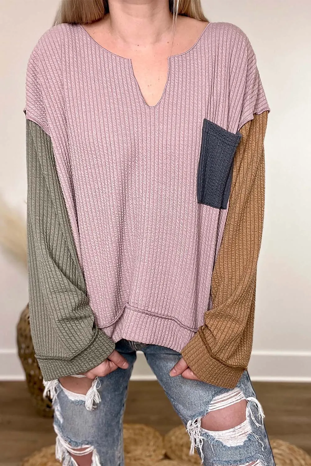 Pink Colorblock Textured Loose Long Sleeve Top