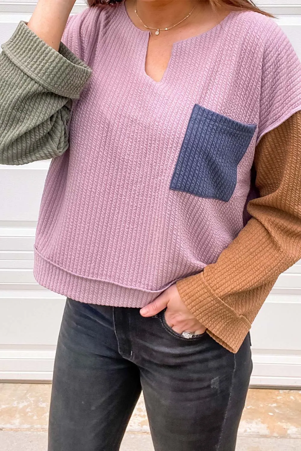 Pink Colorblock Textured Loose Long Sleeve Top