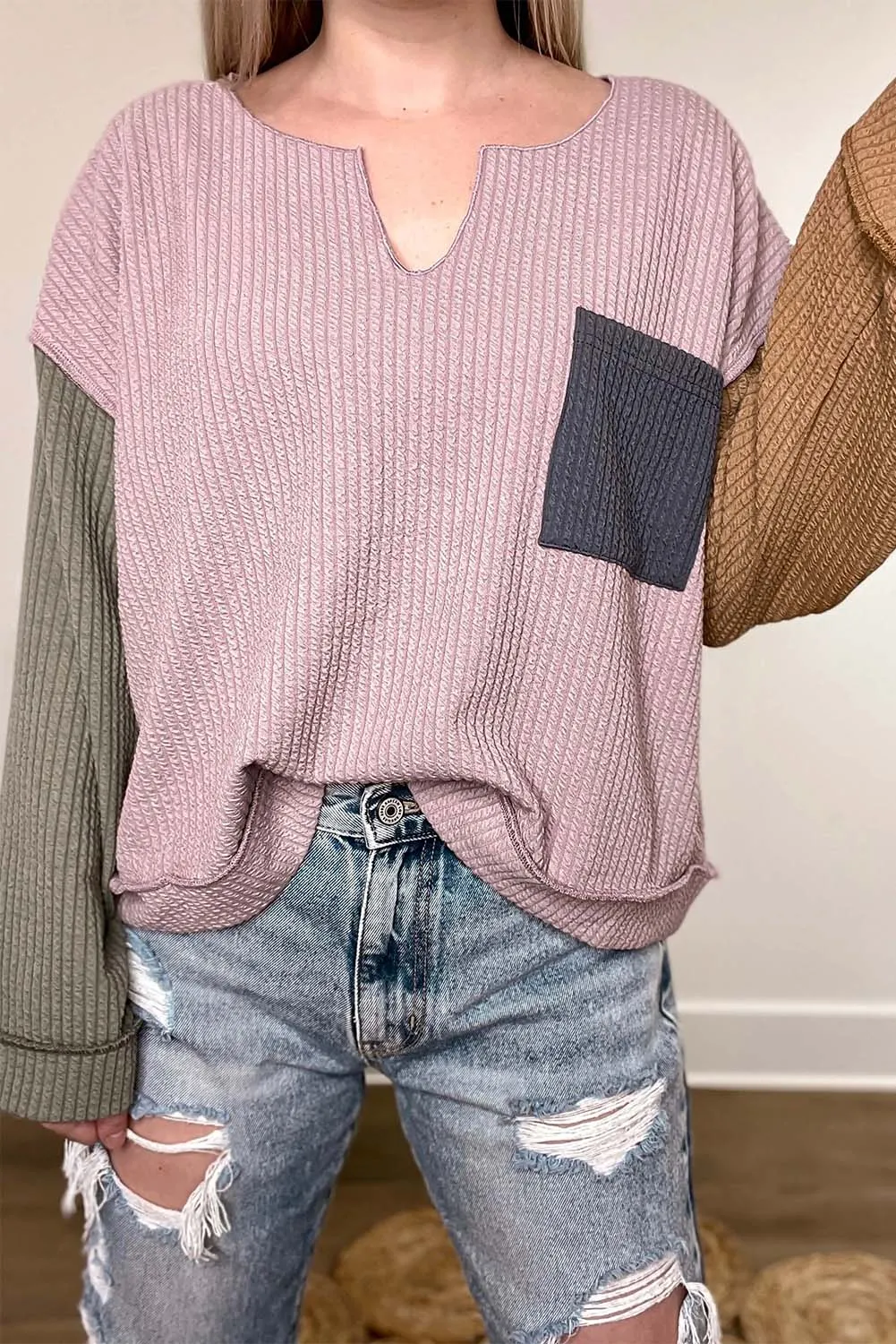 Pink Colorblock Textured Loose Long Sleeve Top