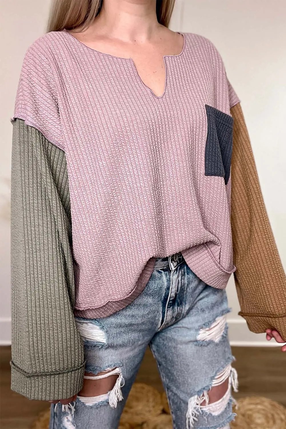 Pink Colorblock Textured Loose Long Sleeve Top