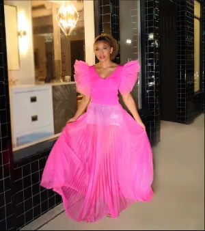 Pleated Mesh Maxi Skirt (HOT PINK)