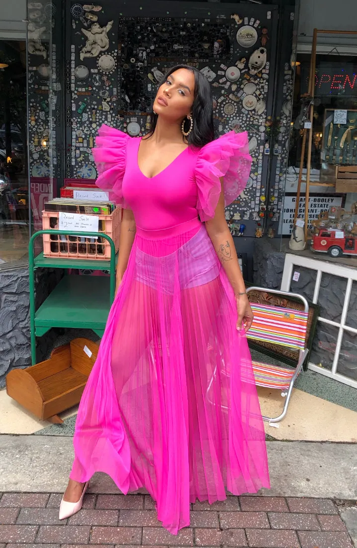 Pleated Mesh Maxi Skirt (HOT PINK)