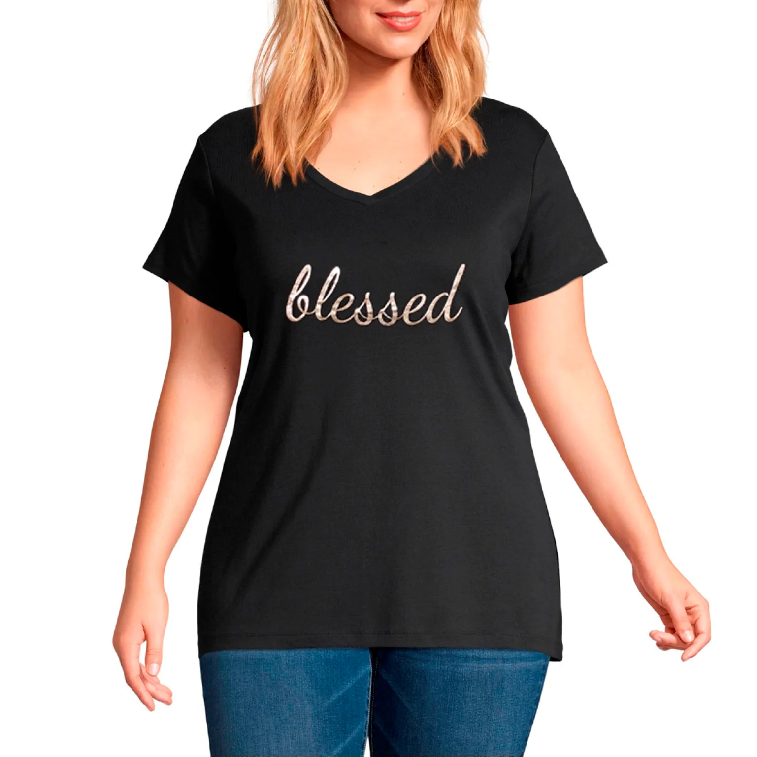 Plus V neck Short Sleeves foil Graphic T-Shirt-Blessed