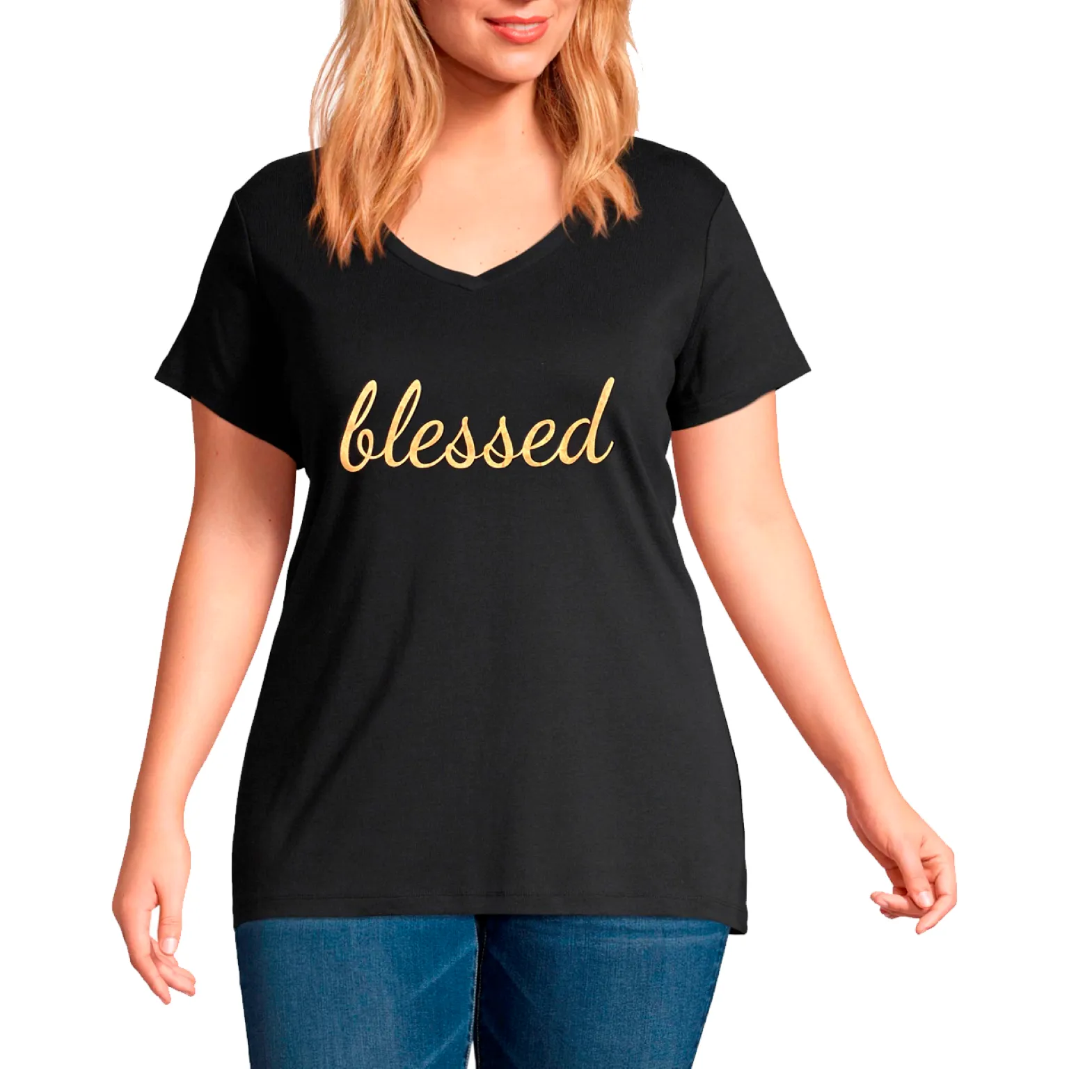 Plus V neck Short Sleeves foil Graphic T-Shirt-Blessed