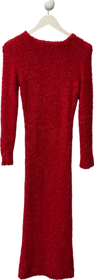 PrettyLittleThing Red Fuzzy Knit Long Sleeve Maxi Dress UK S