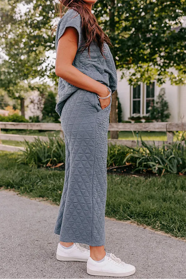 Quilted Textured Short Sleeve Top and Wide Leg Pants Set