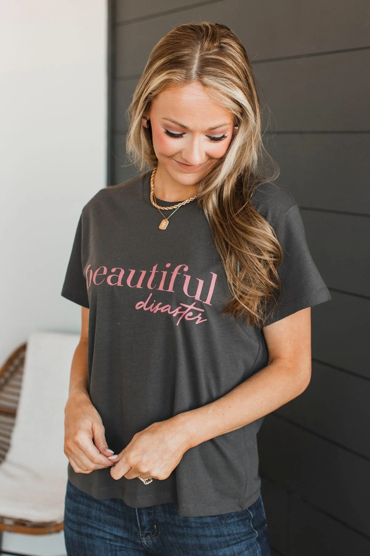 "Beautiful Disaster" Graphic Tee- Charcoal