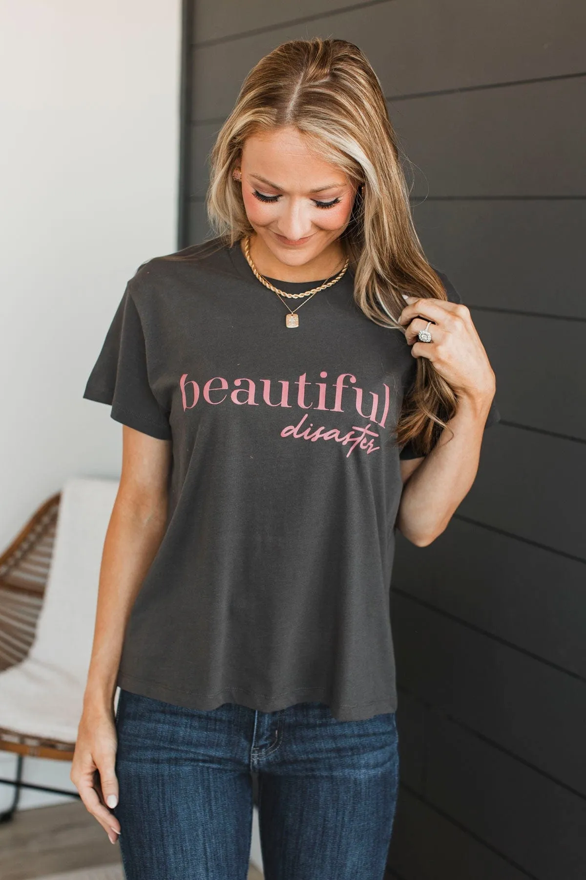 "Beautiful Disaster" Graphic Tee- Charcoal