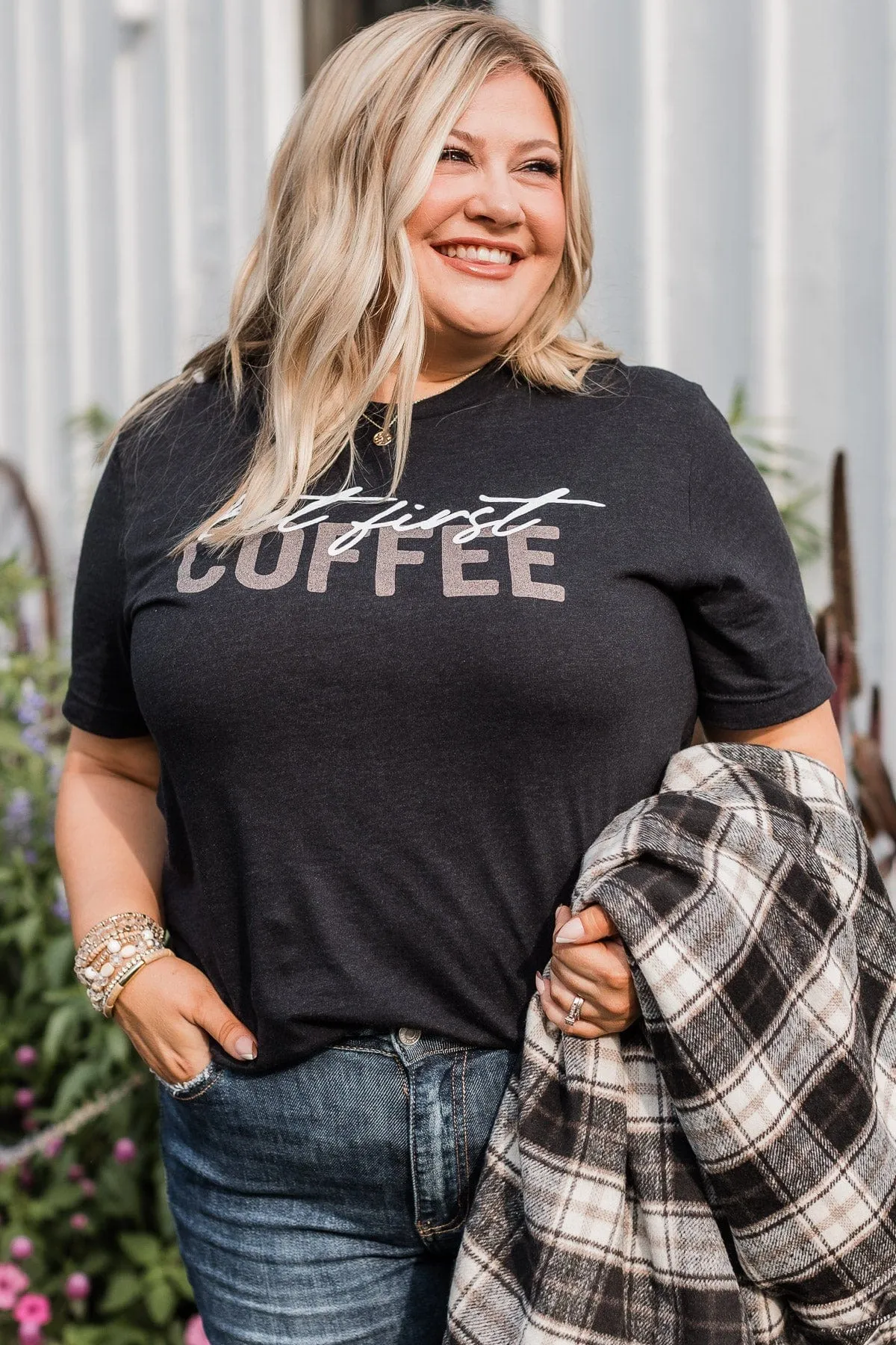 "But First Coffee" Graphic Tee- Black