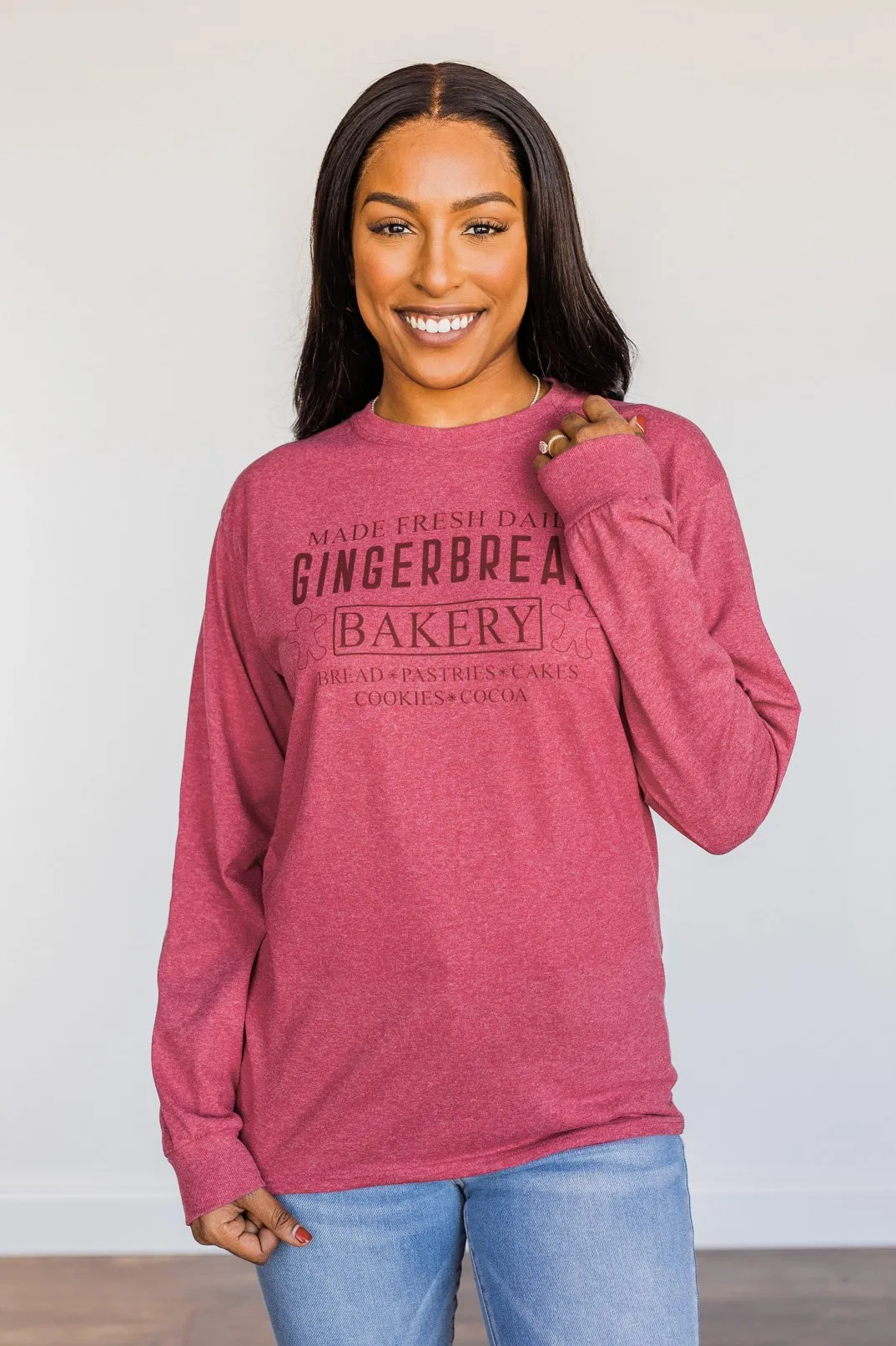 "Gingerbread Bakery" Graphic Long Sleeve Top- Red