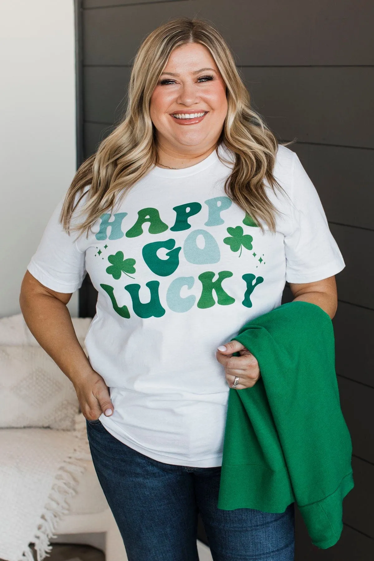 "Happy Go Lucky" Graphic Tee- White