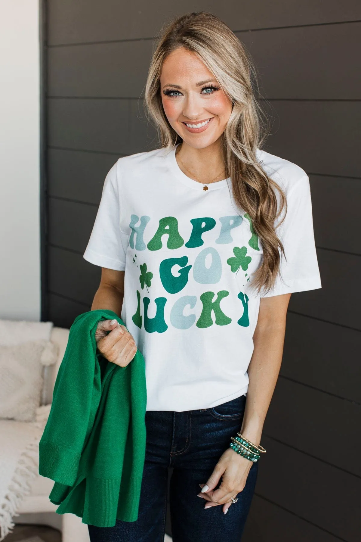 "Happy Go Lucky" Graphic Tee- White