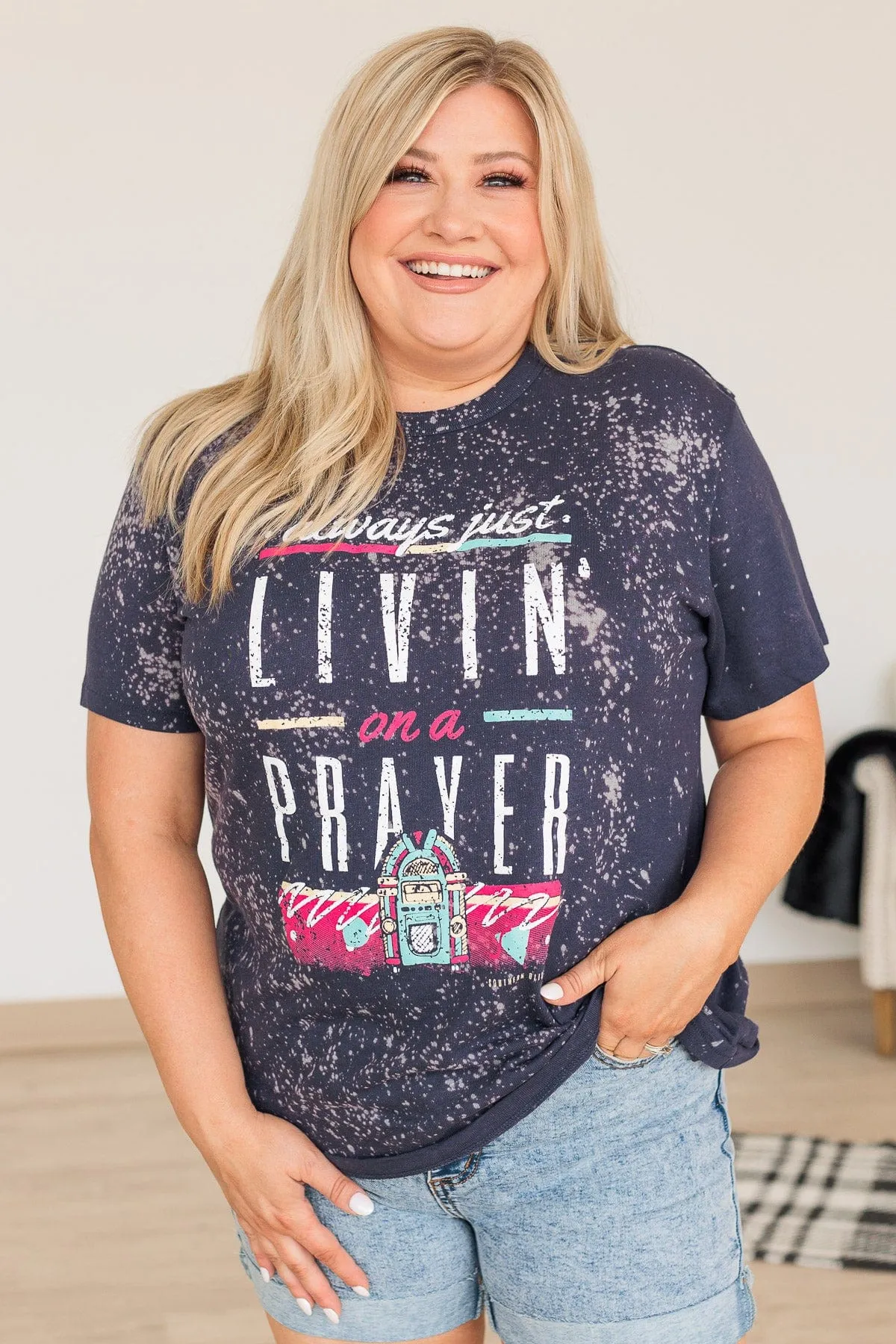 "Livin' On A Prayer" Bleached Graphic Tee- Navy