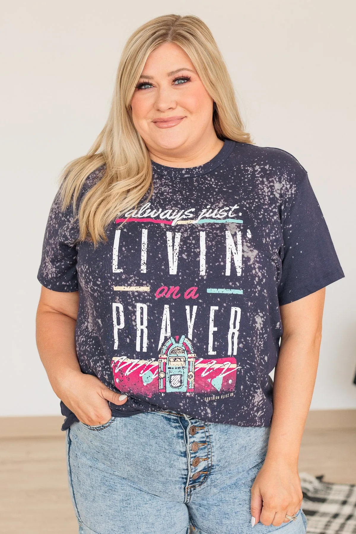 "Livin' On A Prayer" Bleached Graphic Tee- Navy