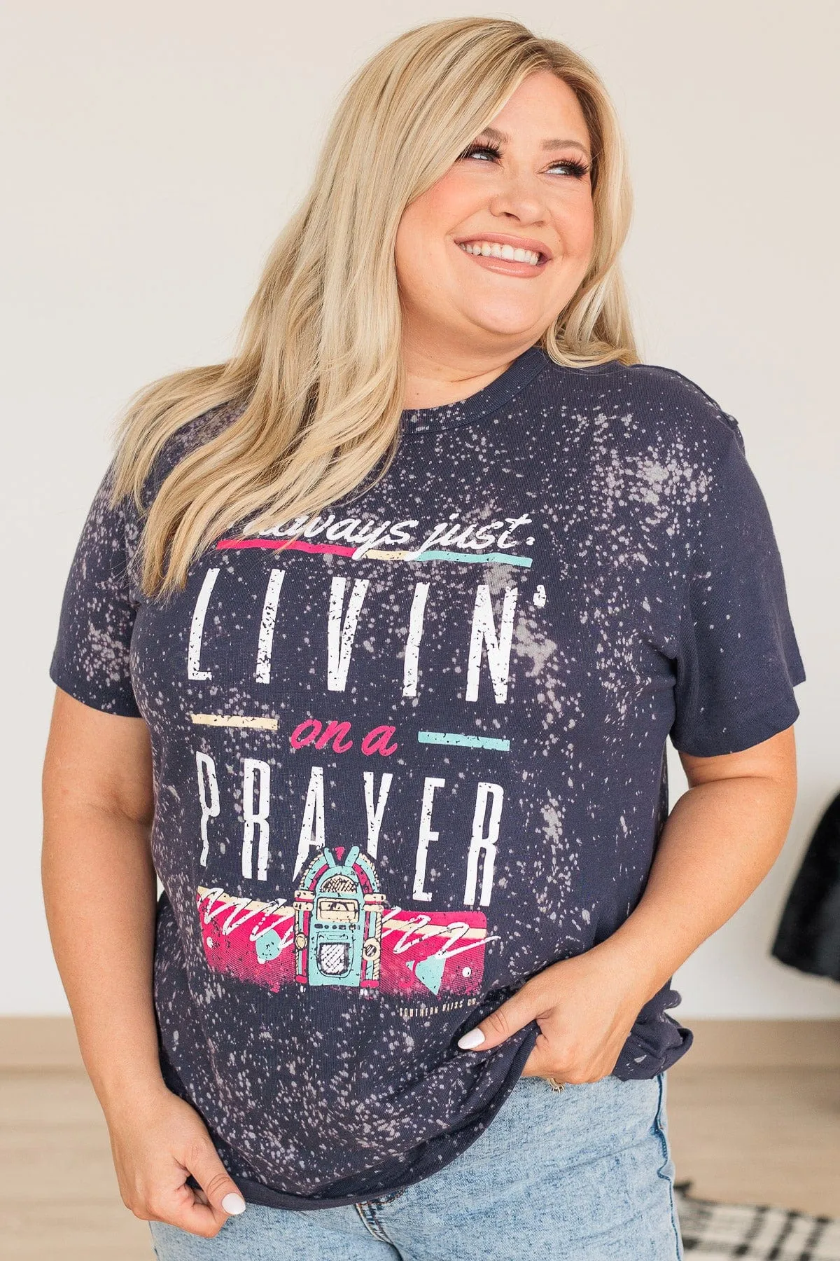 "Livin' On A Prayer" Bleached Graphic Tee- Navy