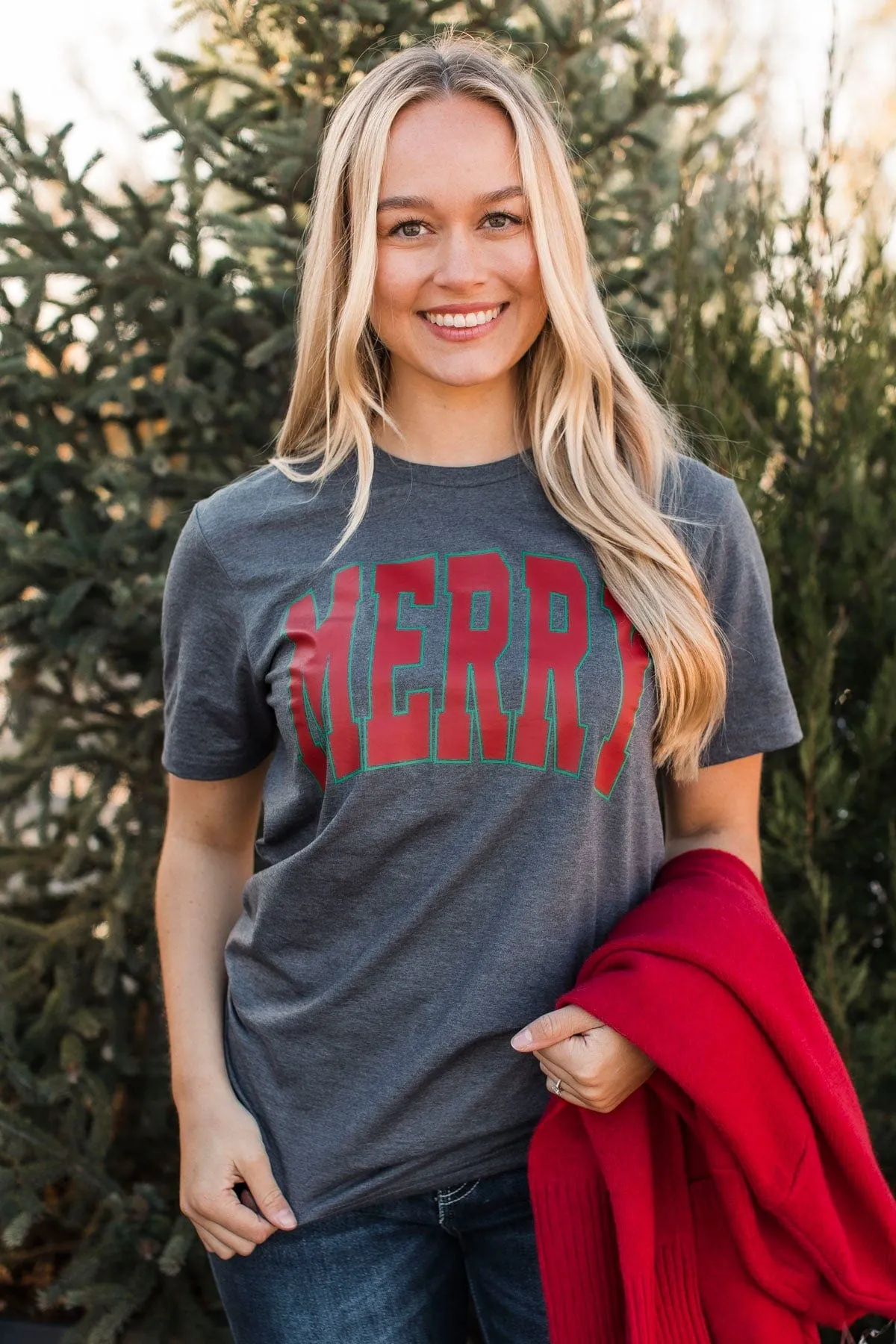 "Merry" Varsity Graphic Tee- Charcoal