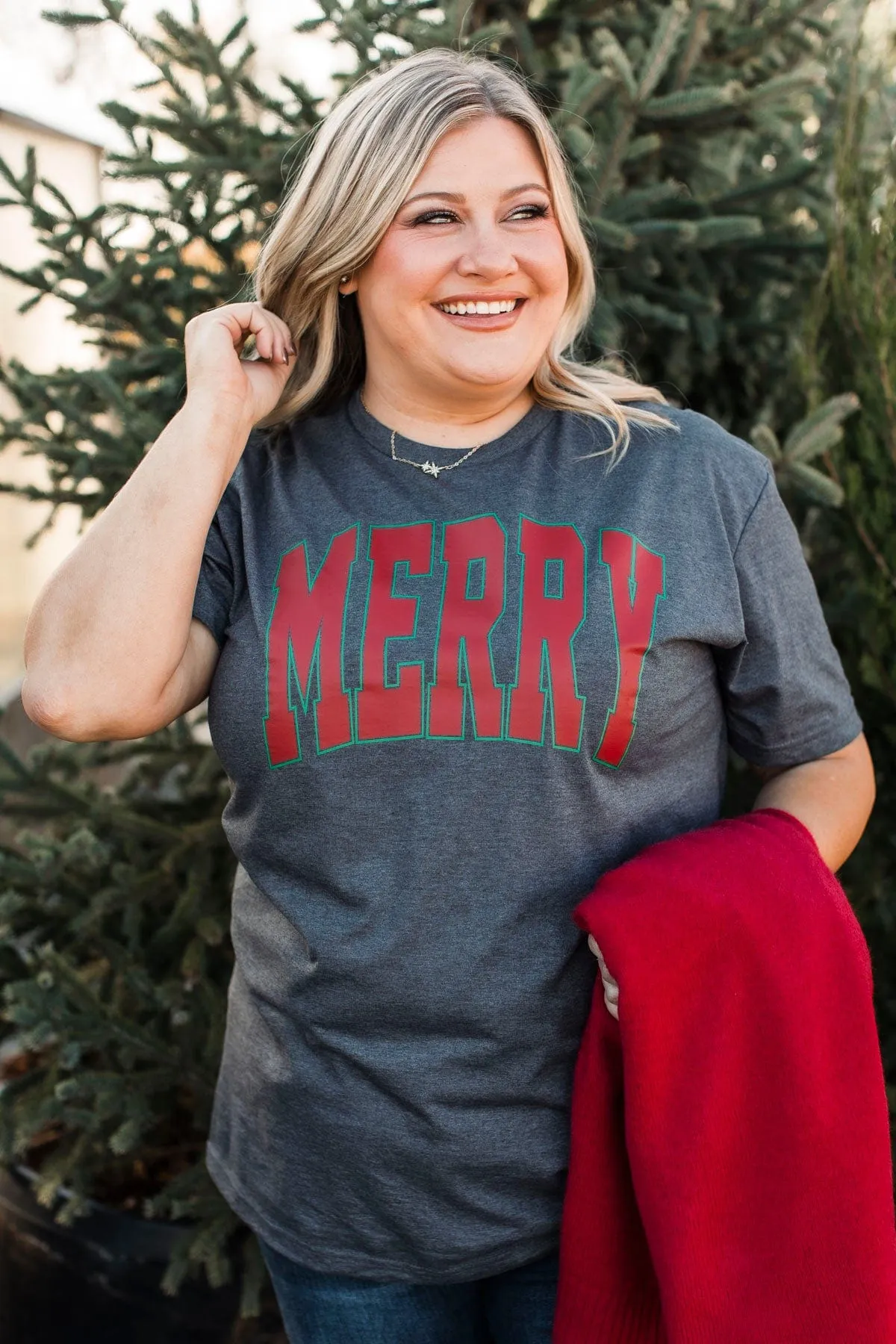 "Merry" Varsity Graphic Tee- Charcoal