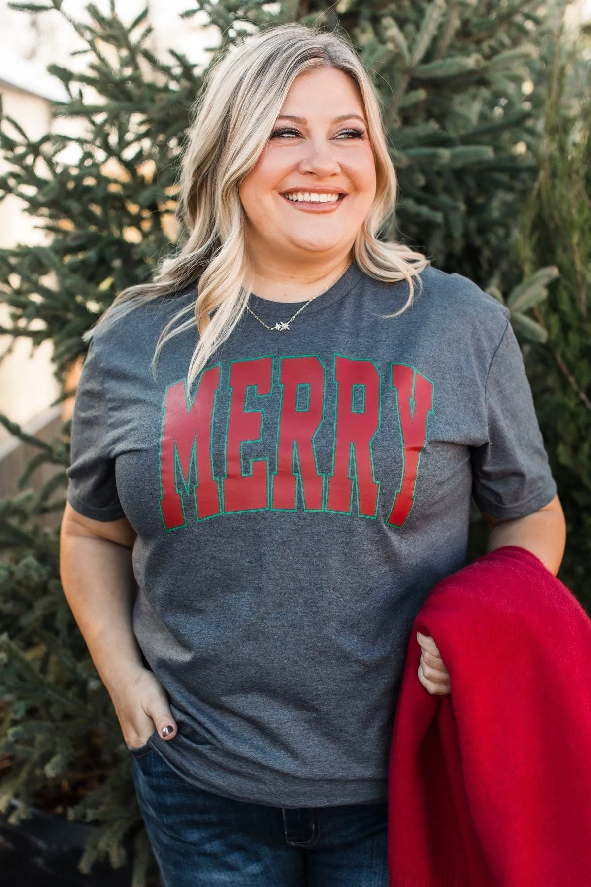 "Merry" Varsity Graphic Tee- Charcoal