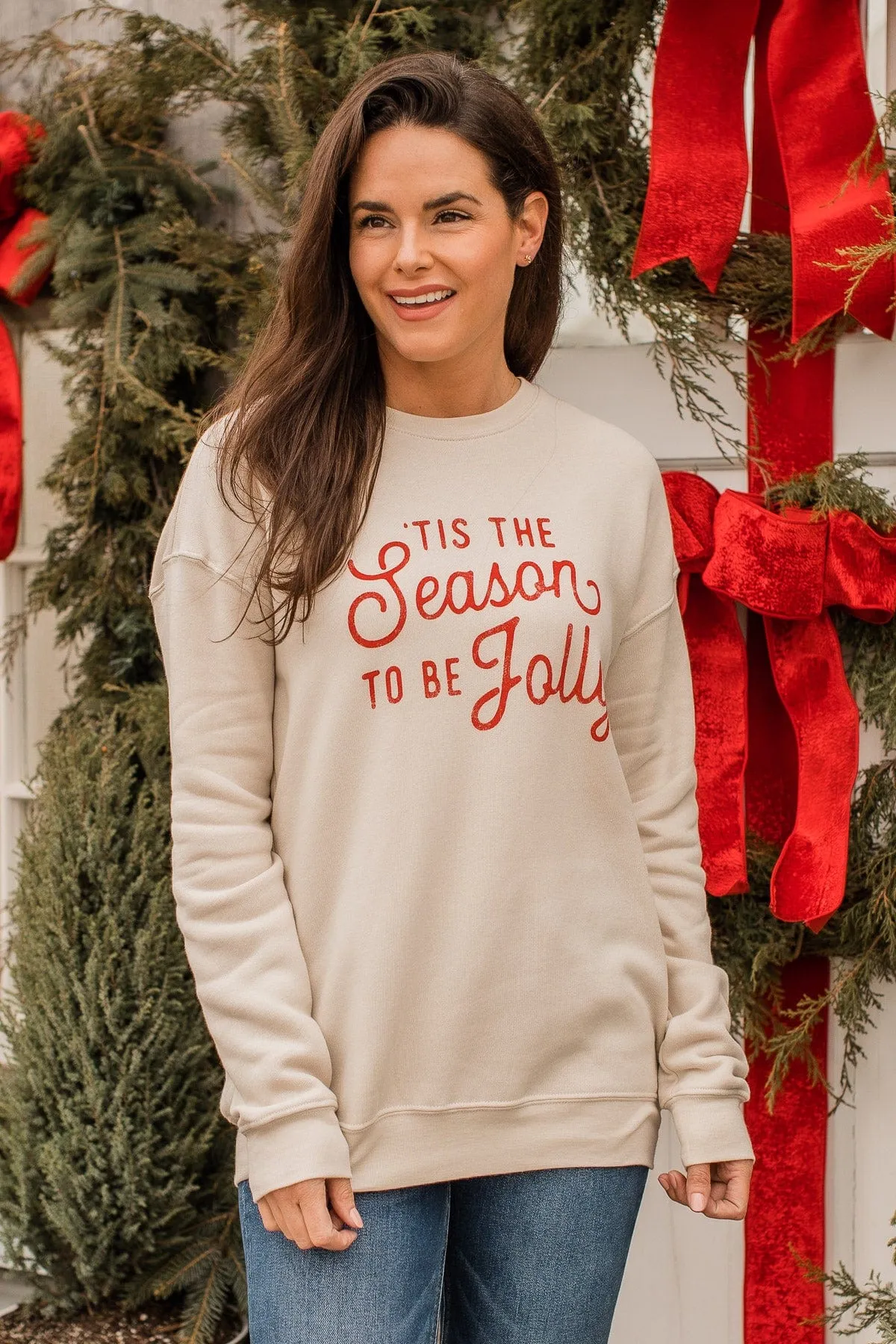 "Tis The Season To Be Jolly" Crew Neck- Beige