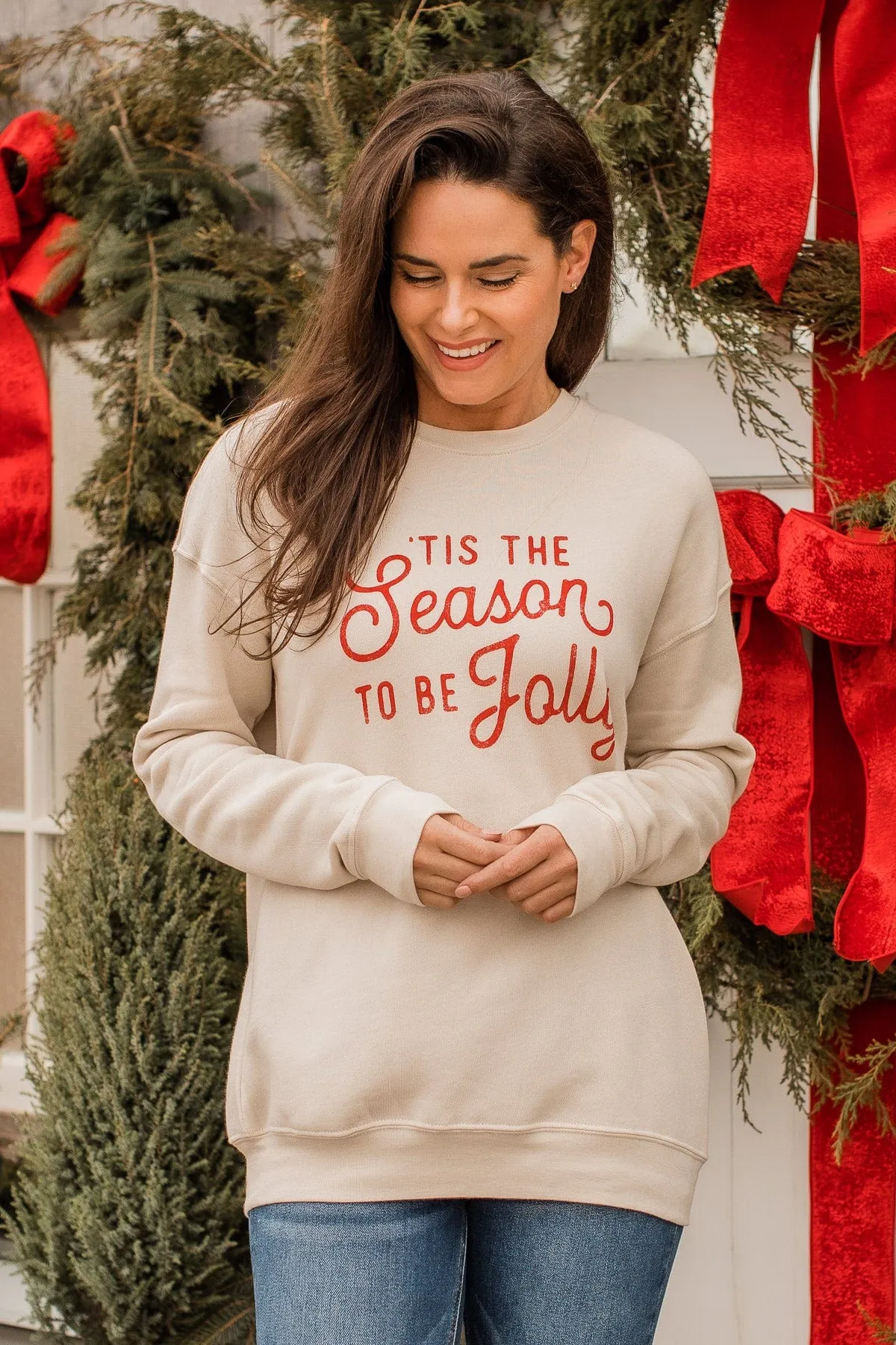 "Tis The Season To Be Jolly" Crew Neck- Beige