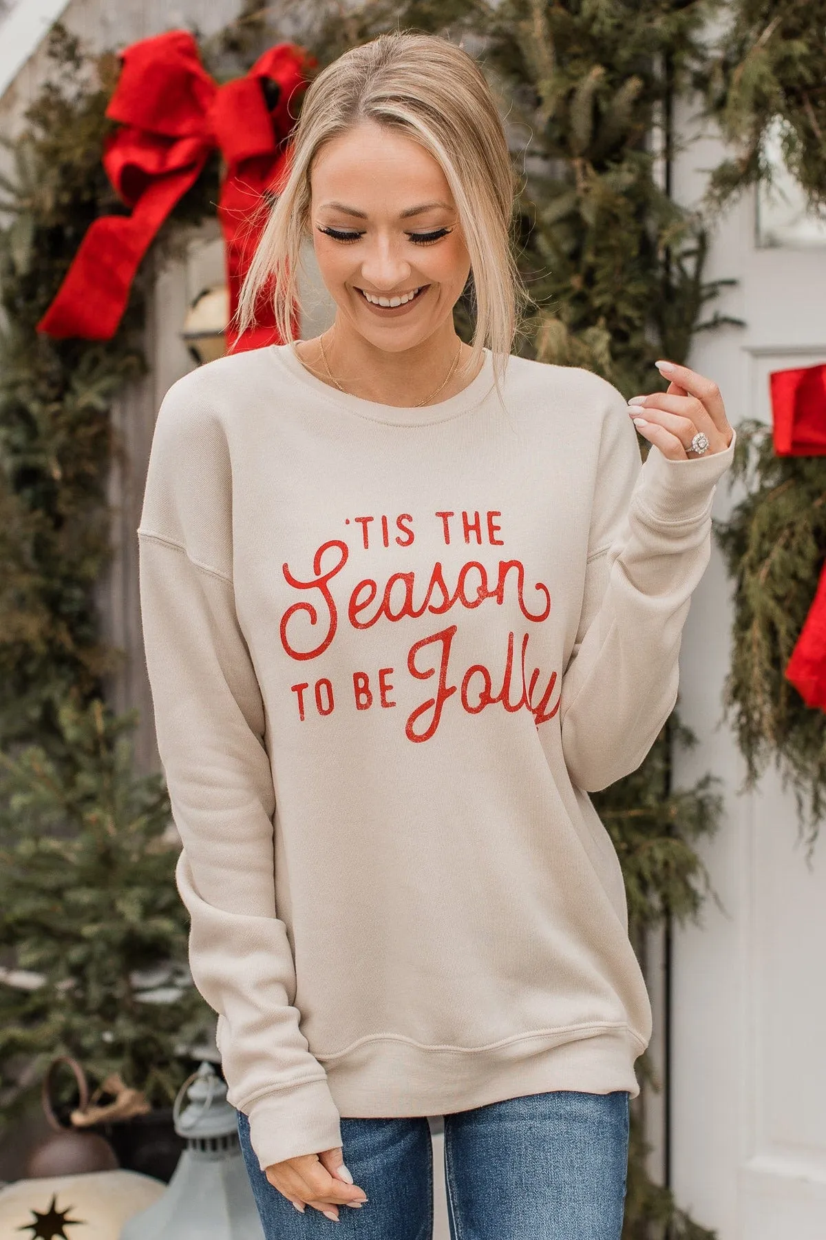 "Tis The Season To Be Jolly" Crew Neck- Beige