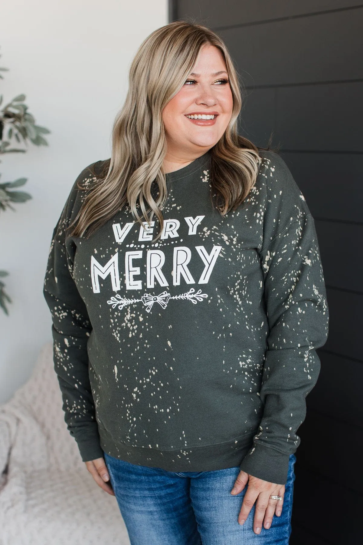 "Very Merry" Bleached Crew Neck- Dark Olive