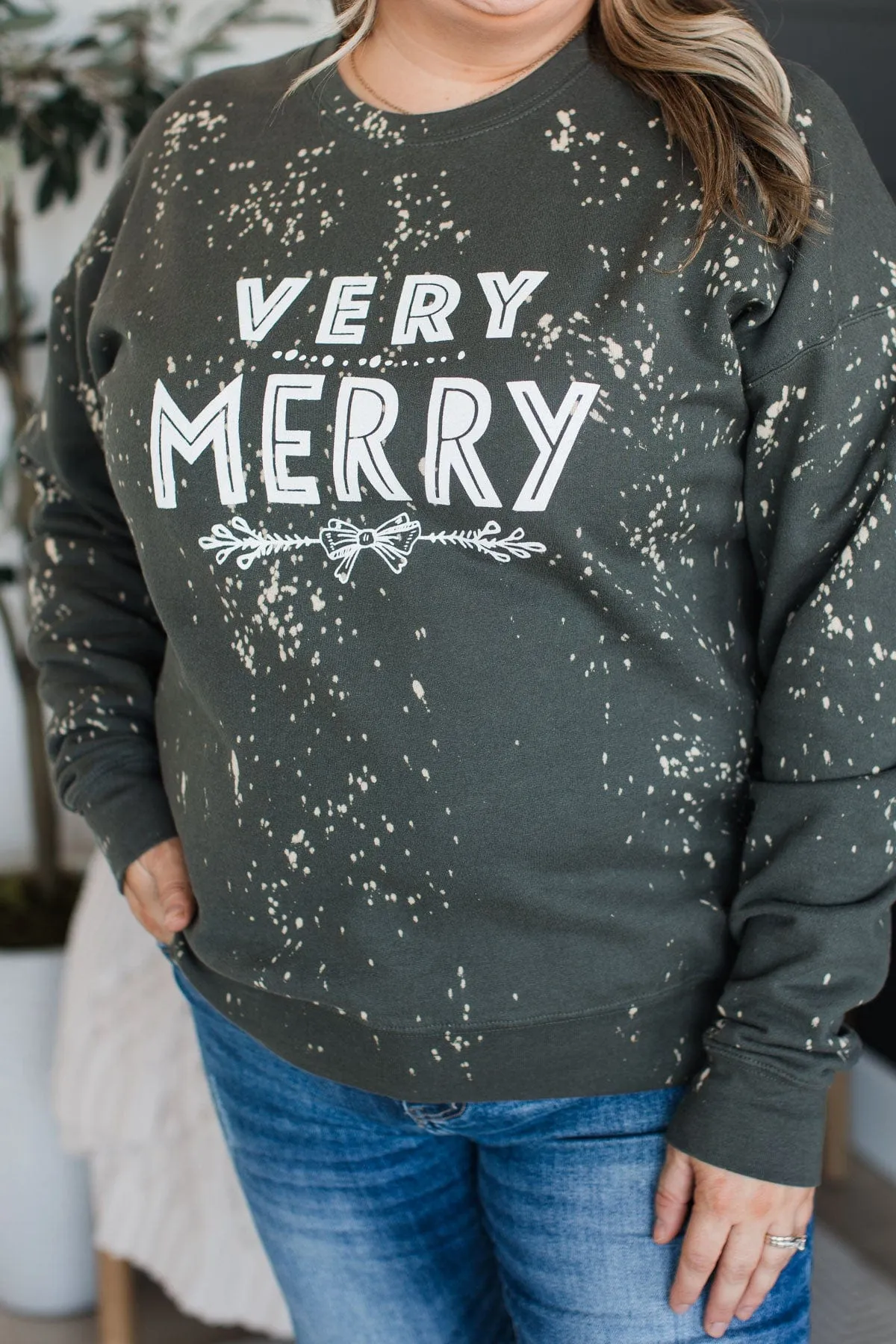 "Very Merry" Bleached Crew Neck- Dark Olive