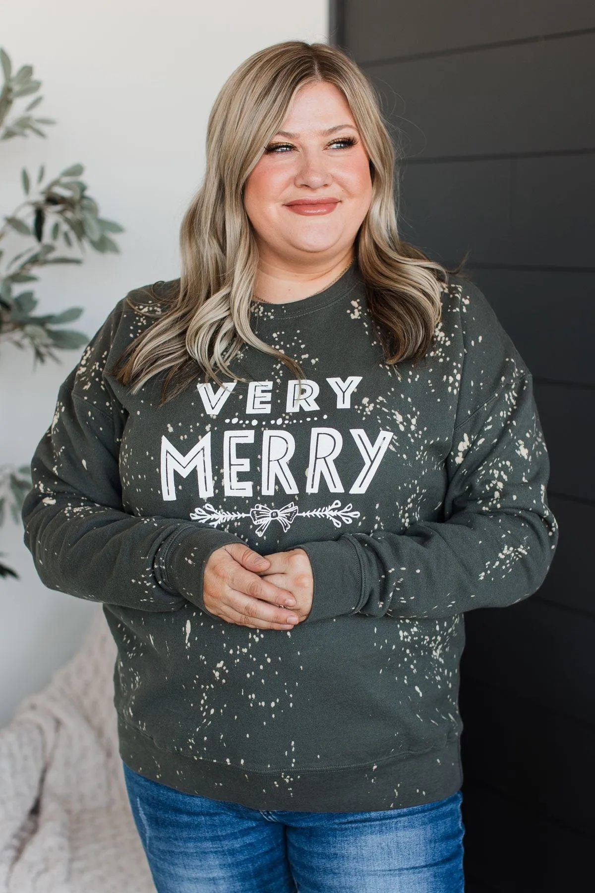 "Very Merry" Bleached Crew Neck- Dark Olive