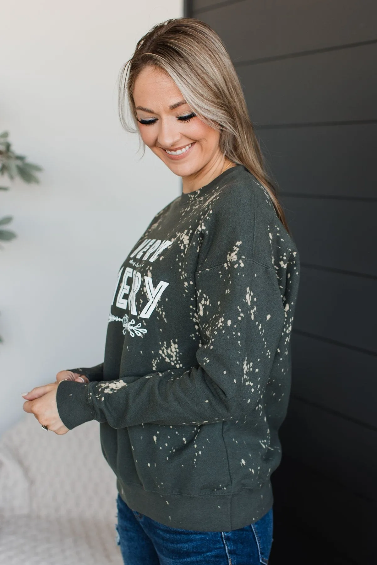 "Very Merry" Bleached Crew Neck- Dark Olive